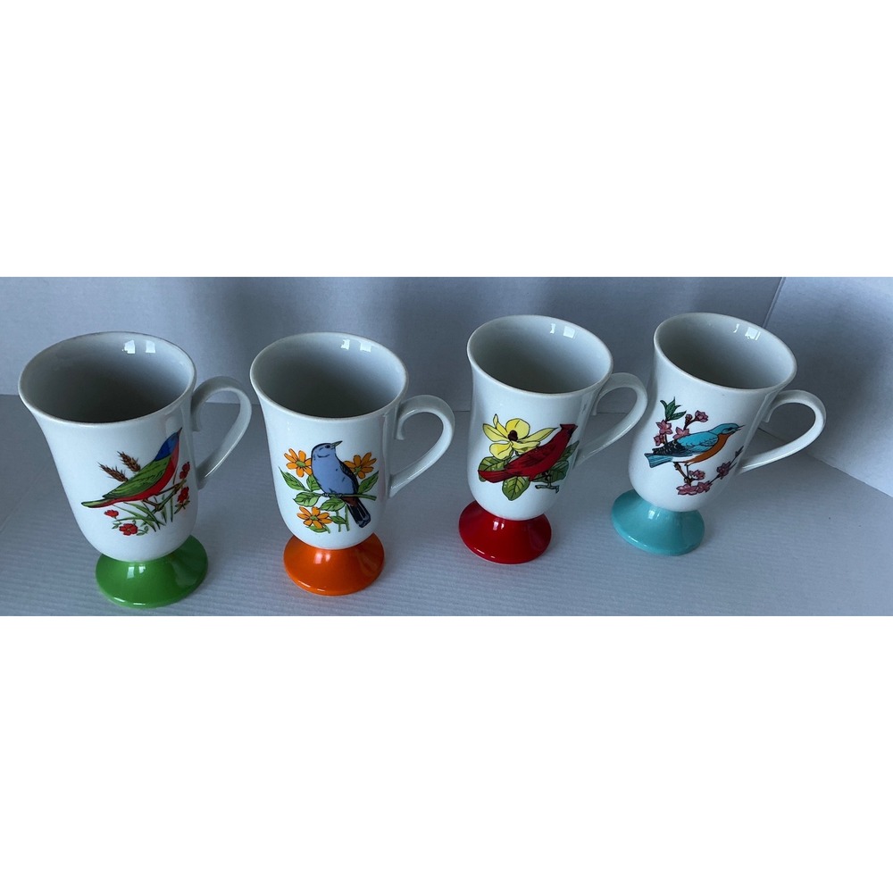 Tundra Vintage Footed Bird Mugs Set of 4‎ Colorful Pedestal Ceramic Japan MCM